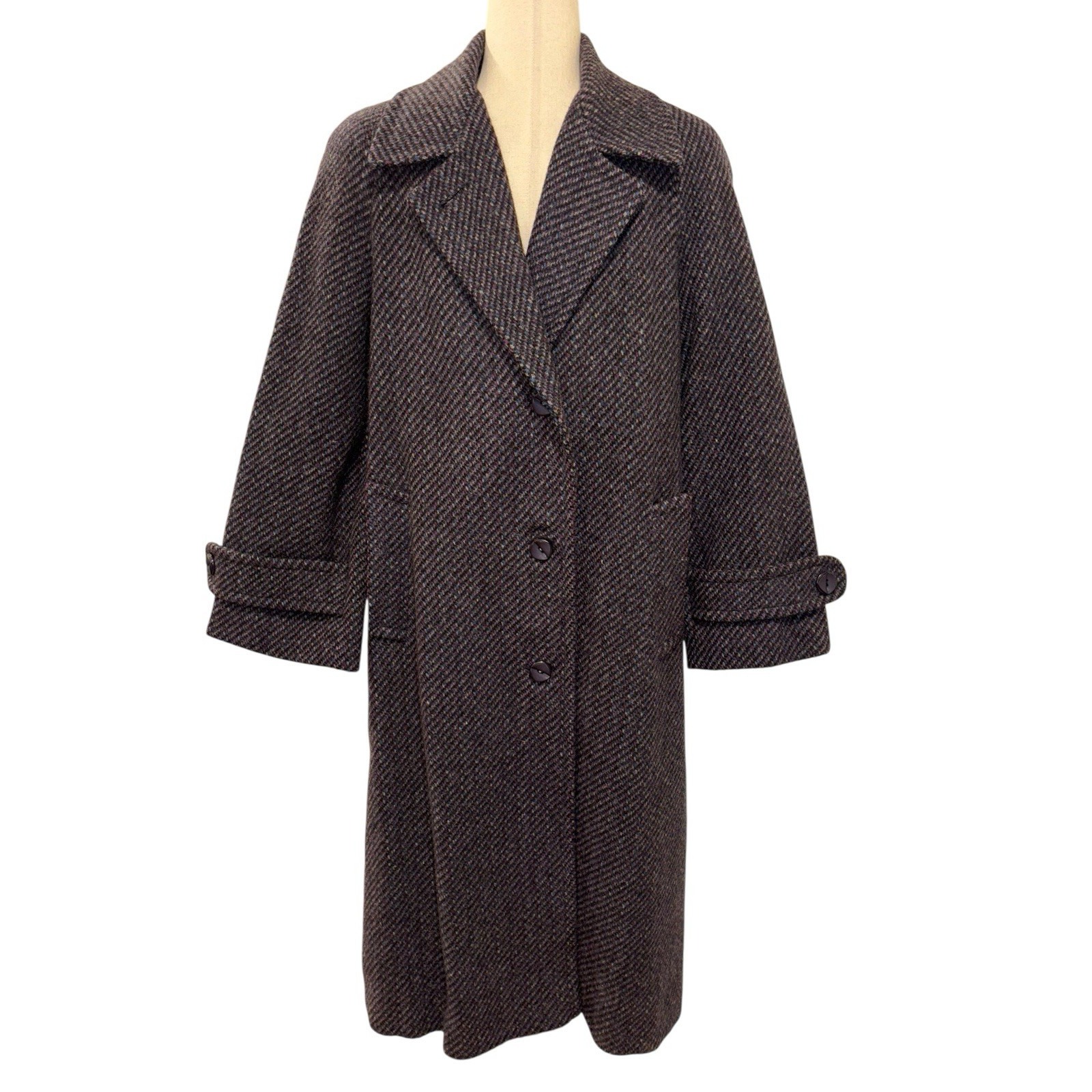 Vintage Projections Union Made Tweed Trench Coat Pockets 80s Black Blue Purple M